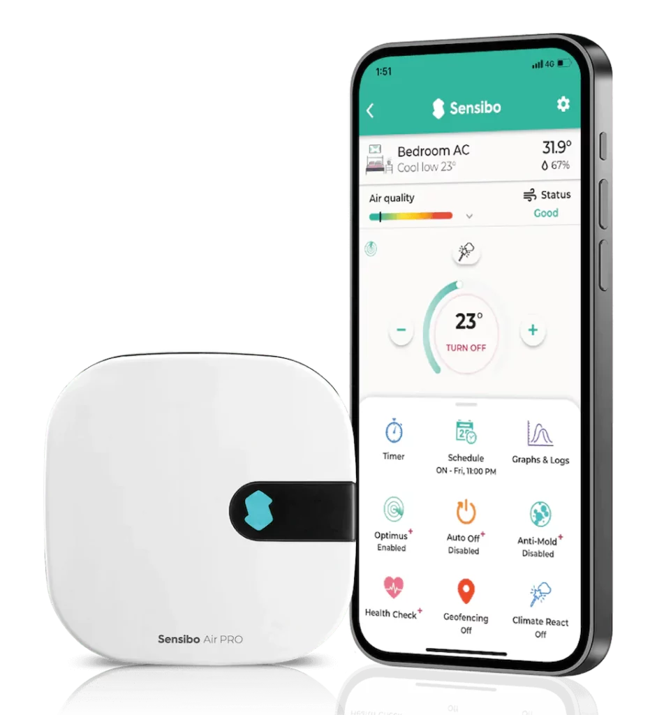 Air PRO device with phone 1 Sensibo Air PRO - Air Conditioner Smart Controller & Air Quality Sensor